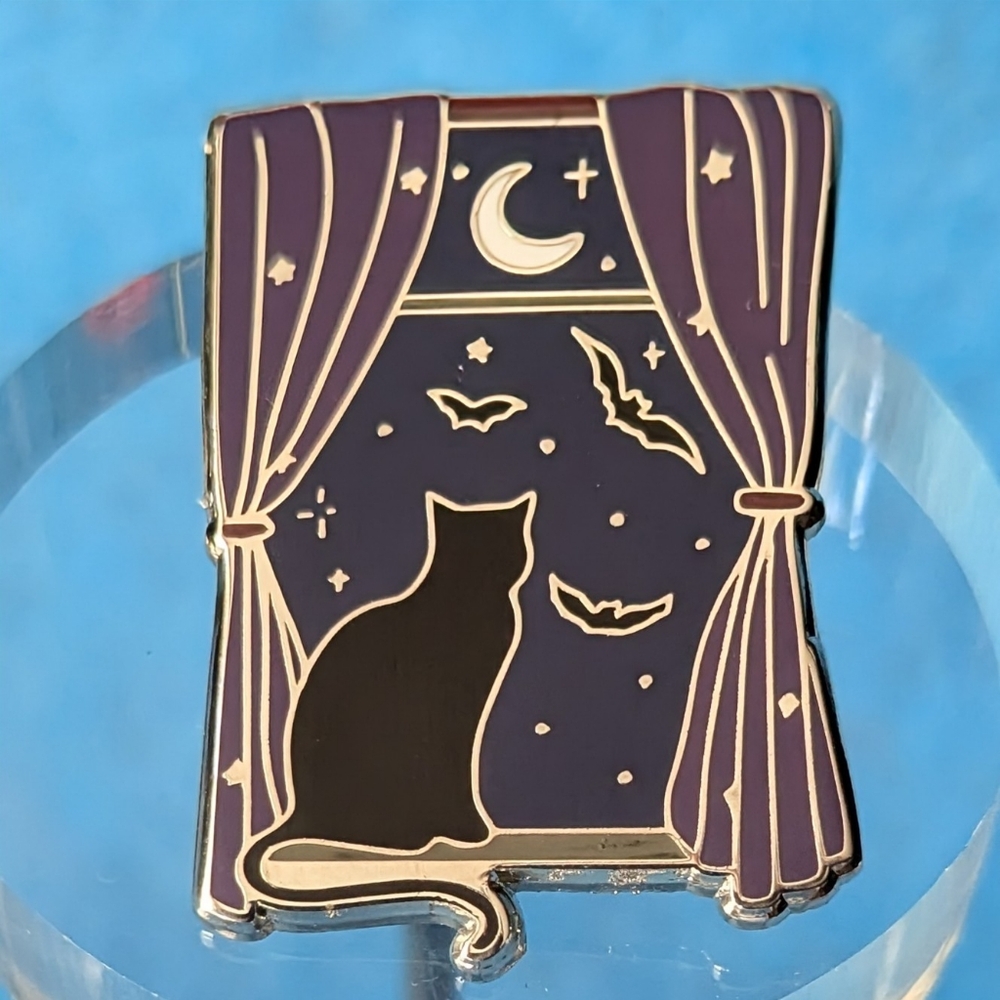 Cat in Window Watching Bats Under the Moon Pin Purple, Blue, Black & Gold